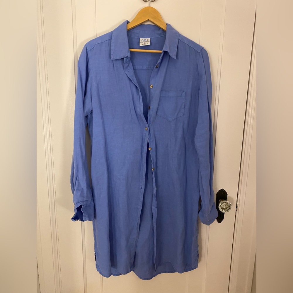 Casual Button-Front Tunic Shirt Dress - Blue